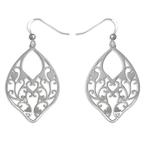 Silver fancy cut out drop earrings complete with presentation box