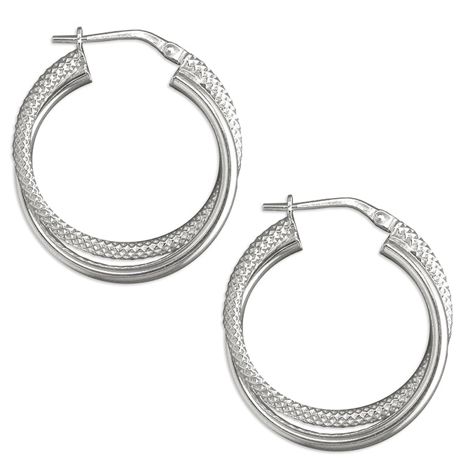 Silver hinged plain and textured hoop earrings complete with presentation box