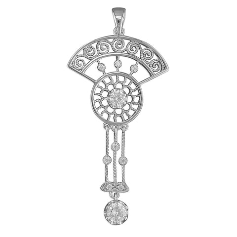 Silver Art Deco style Cubic Zirconia fan pendant and chain complete with presentation box