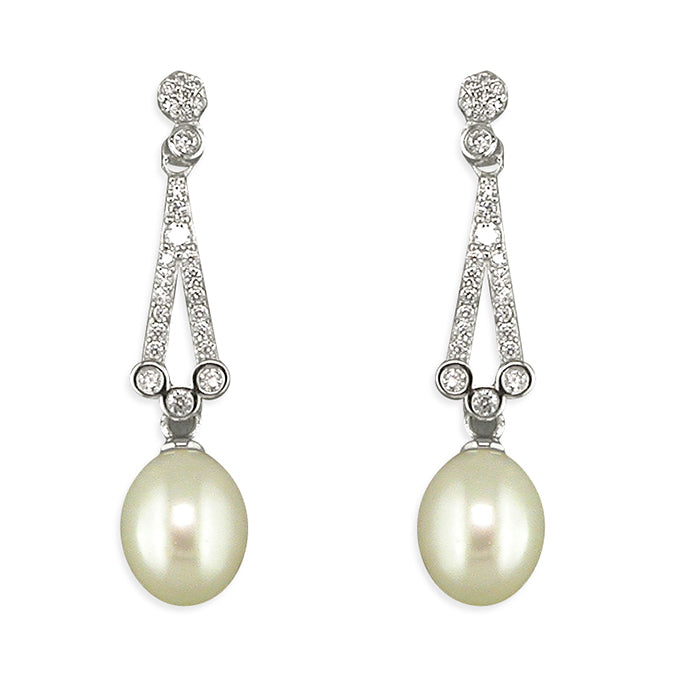 Silver Cubic Zirconia and white Freshwater Pearl drop earrings complete with presentation box