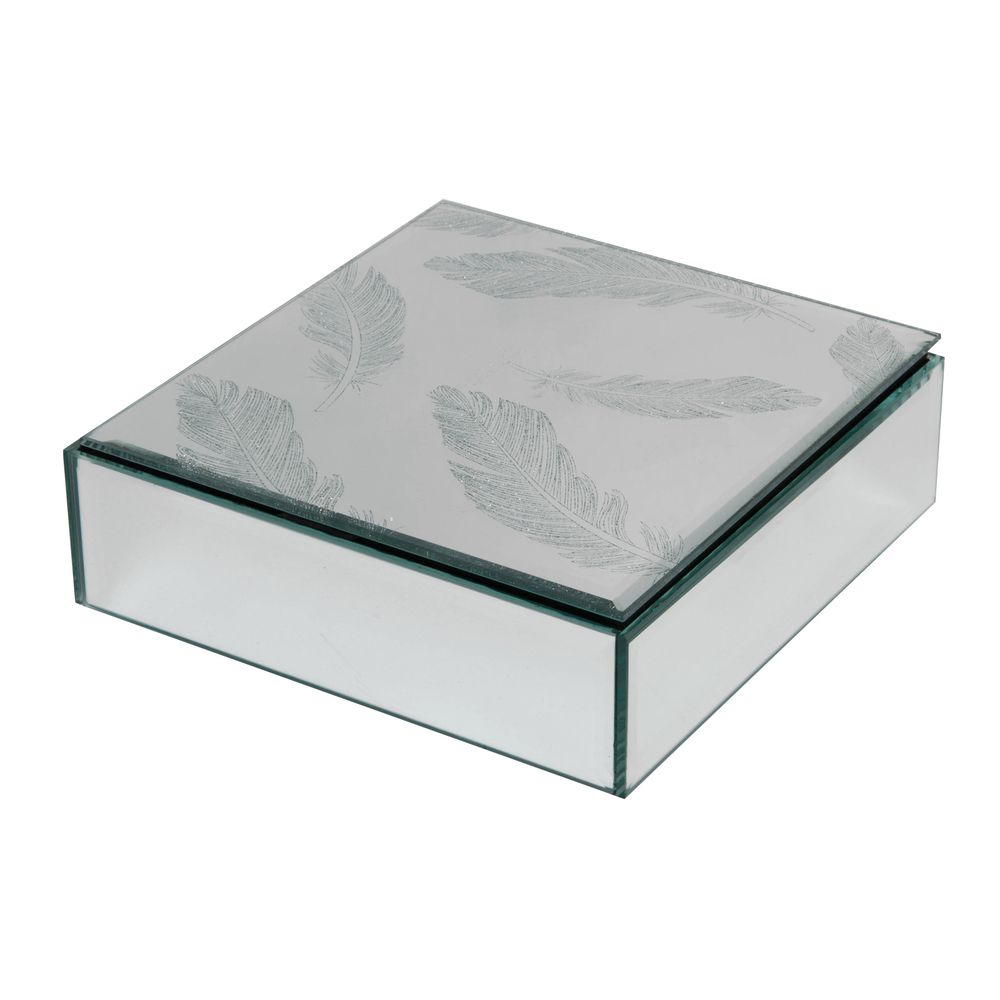 Mirrored square Feather design Trinket Box